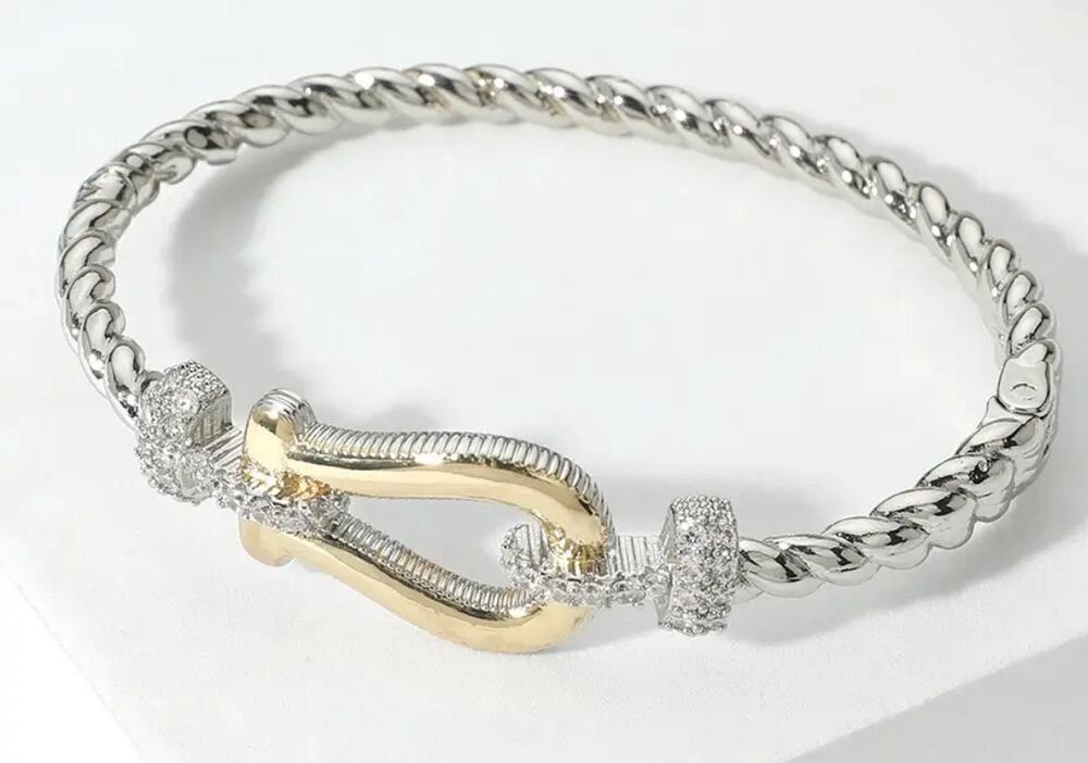 CZ Stone Paved Buckle Pointed Hinged Bangle Bracelet